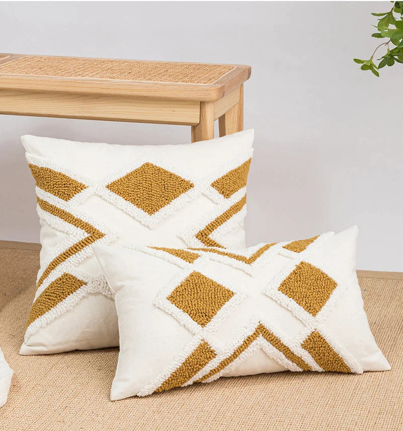 Afralia™ Geometric Embroidery Boho Loop Tufte Cotton Canvas Cushion Cover 45x45/30x50cm