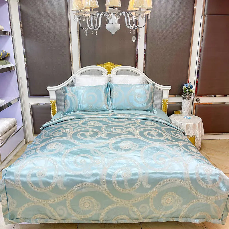 Afralia™ Blue Satin Jacquard Queen Duvet Cover Set with Sheet & Pillowcases