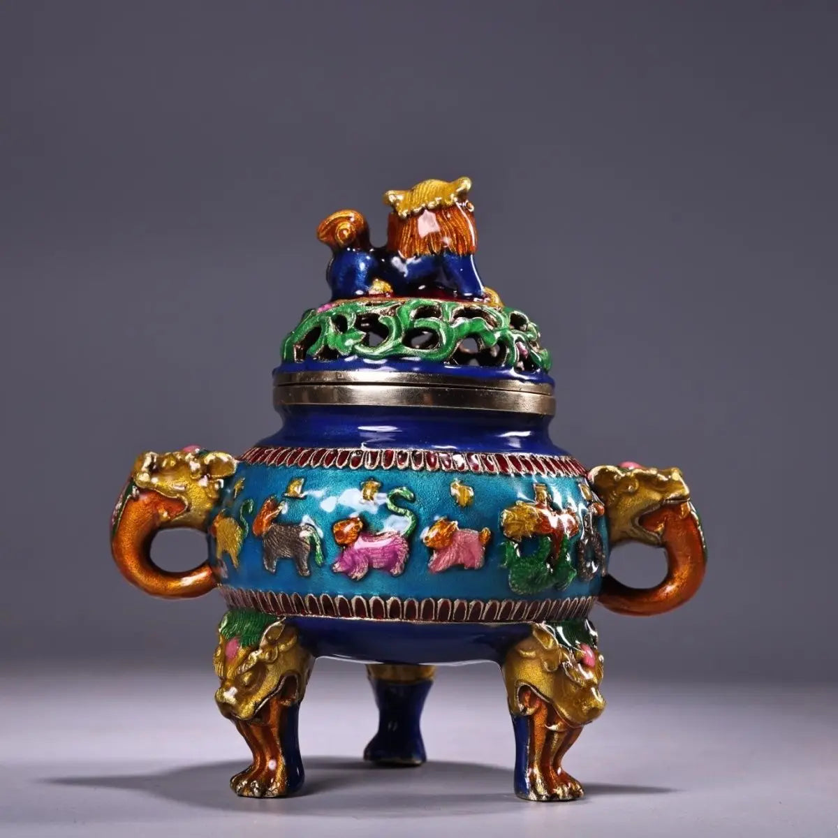 Afralia™ Bronze Cloisonne Lion Dragon Incense Burner Ornament