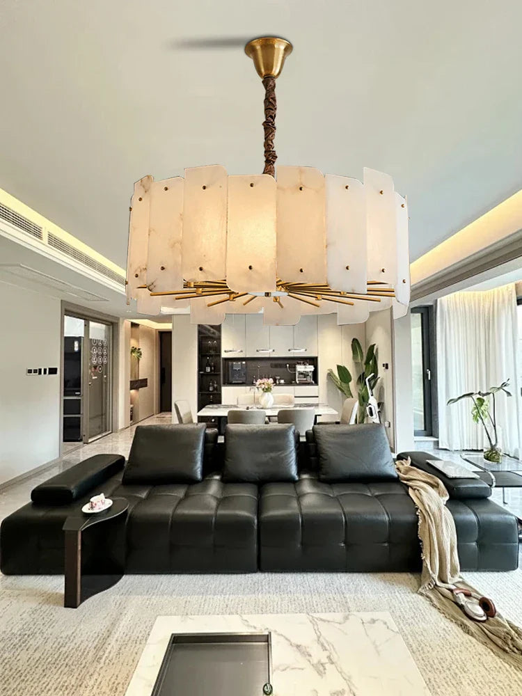 Afralia™ LED Chandelier Classic Lighting Marble Gold Stone Lampshade Home Decor