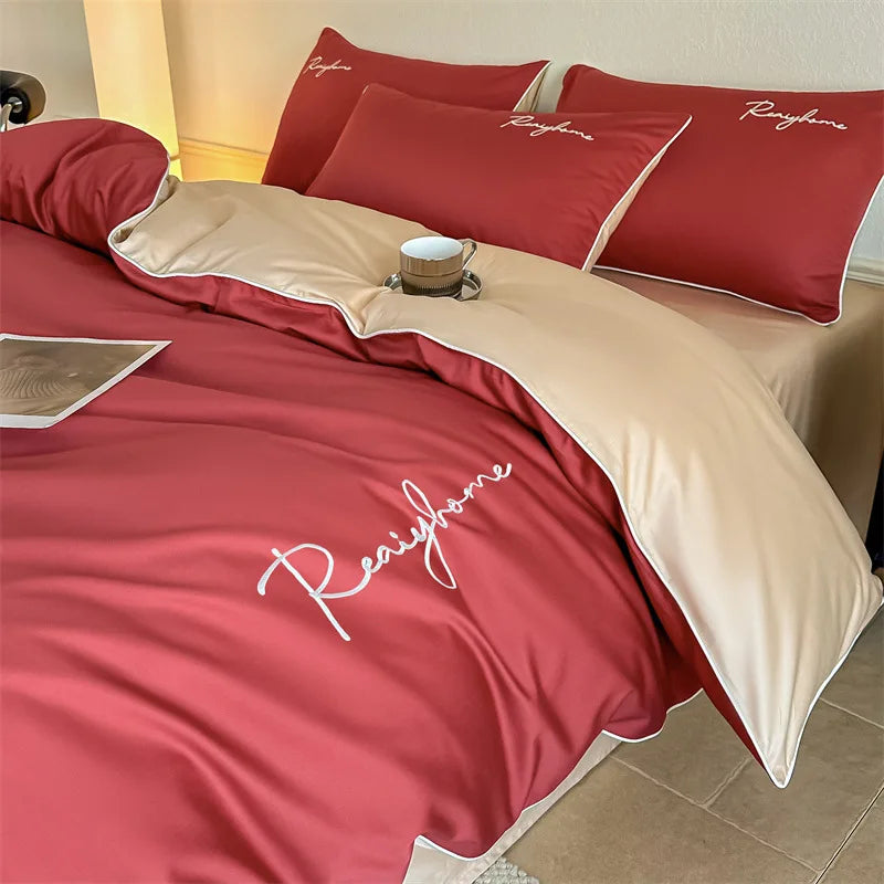 Afralia™ Pure Cotton Luxury Embroidery Bedding Set - Nordic Solid Color Duvet Bedclothes