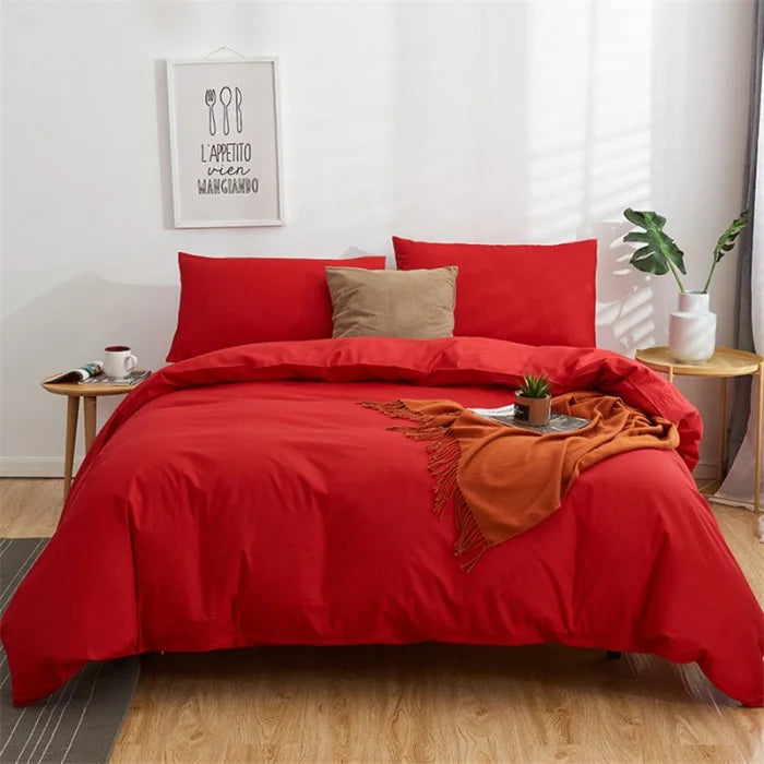 Afralia™ Cotton 4pcs Bedding Set Double Queen Solid Color Duvet Cover Flat Bed Sheet