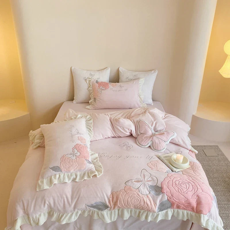 Afralia™ Lace Ruffles Princess Duvet Set, Butterfly Flowers Embroidery, Cozy Bedding with Bed Sheet & Pillowcases