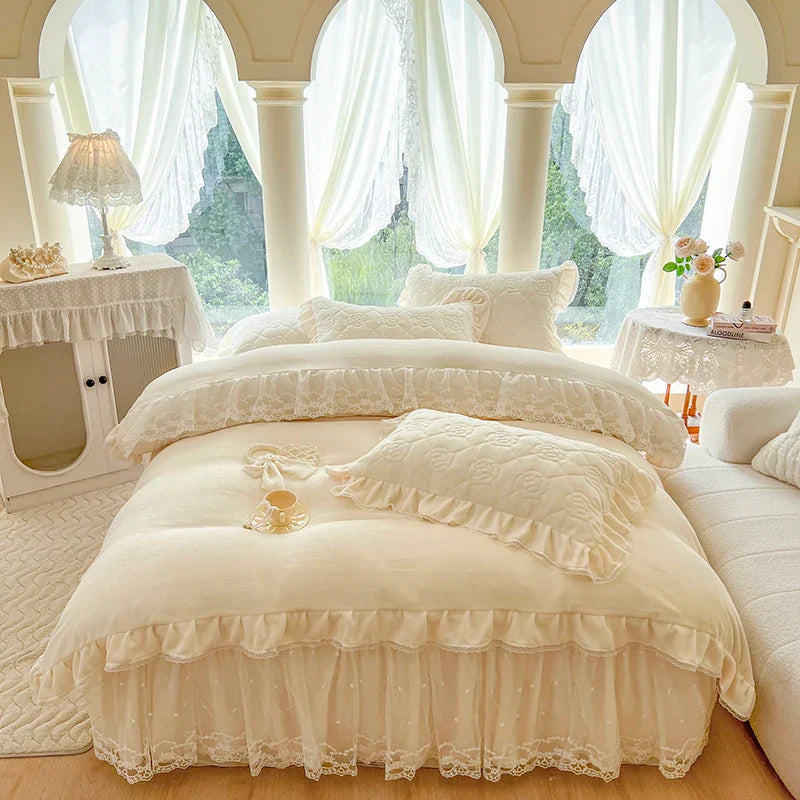 Afralia™ Velvet Princess Lace Ruffles Bedding Set - 4pcs Luxury Solid Color