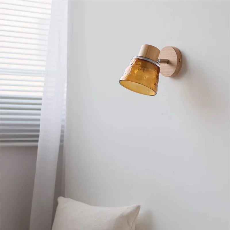 Afralia™ Amber Glass LED Wall Sconce Nordic Modern Wood Pull Chain Switch Stair Light