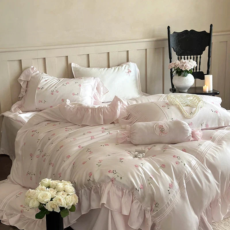 Afralia™ Vintage Rose Print Lace Ruffles 4-Piece Bedding Set