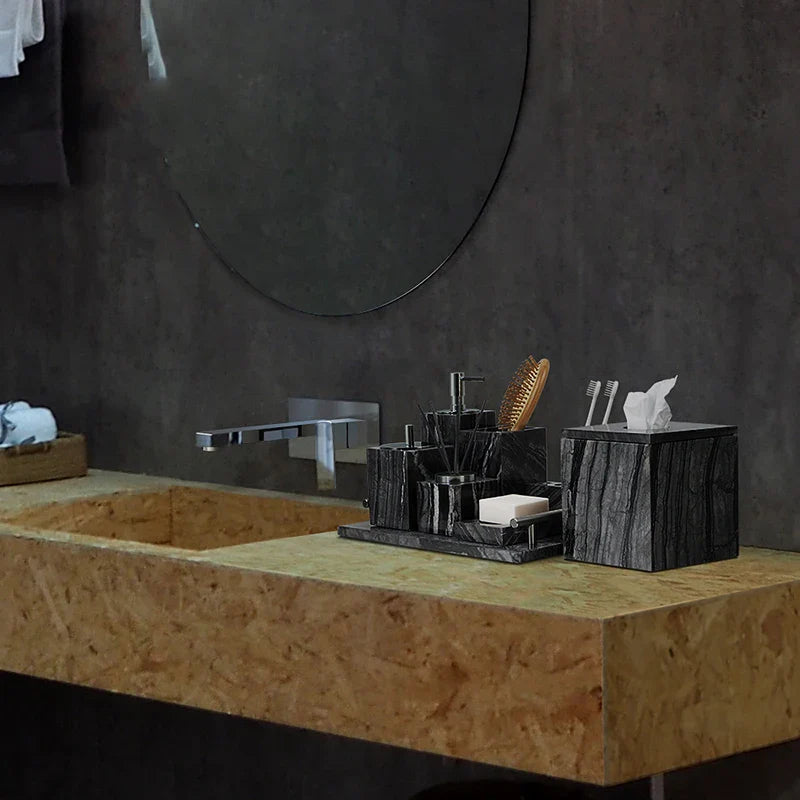 Afralia™ Tree Black Marble Bathroom Accessories Set: Toothbrush Holder, Soap Dispenser, Soap Dish