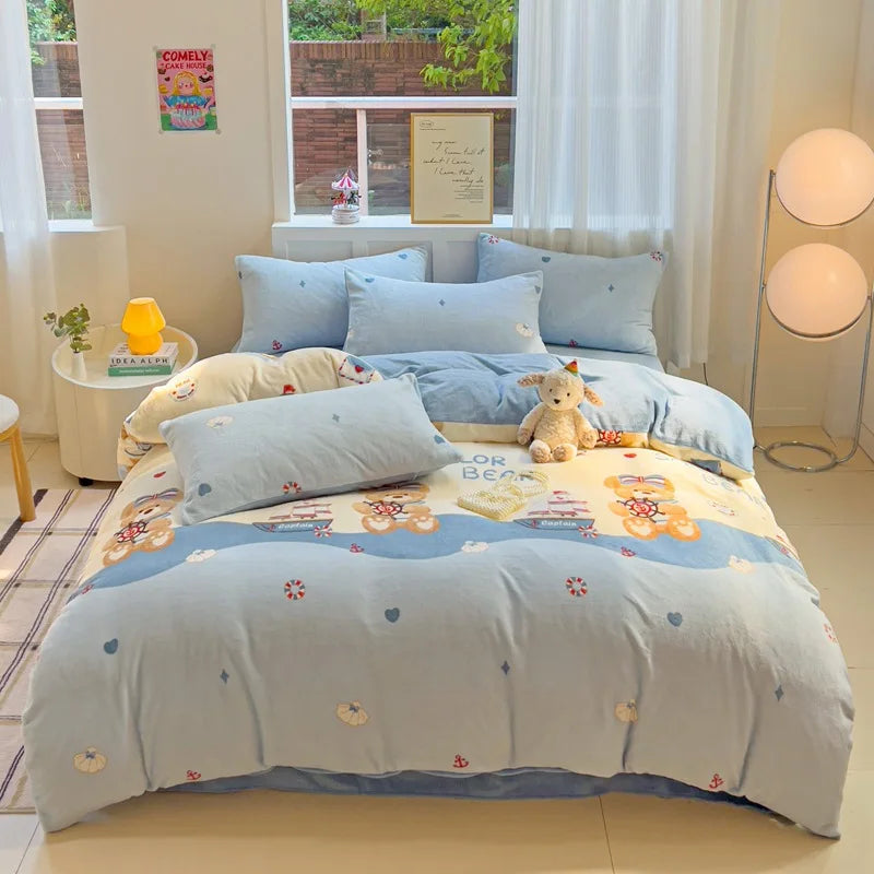 Afralia™ Snowflake Velvet Cute Cartoon Flower Bedding Set for Single Queen