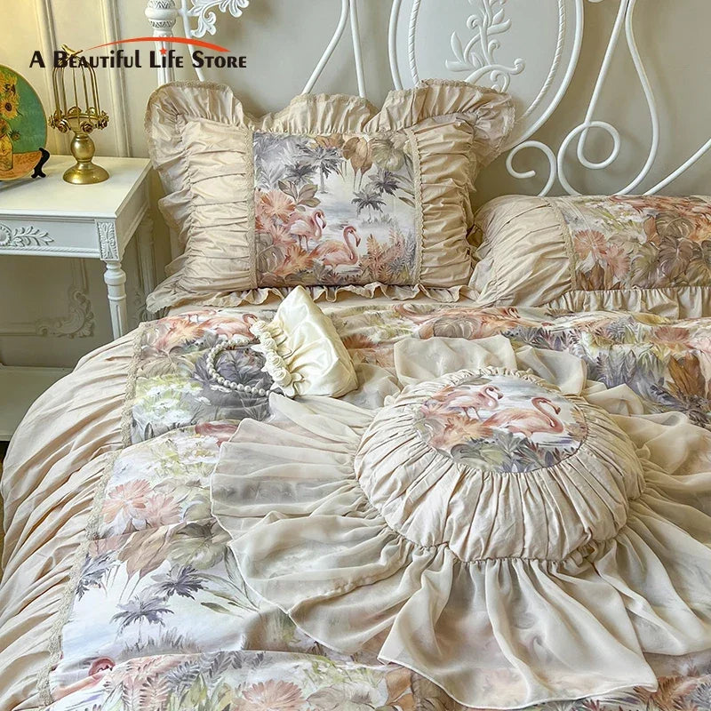 Afralia™ Tropical Leaves Botanical Print Bedding Set with Ruffles, French Vintage Flamingo Duvet Cover