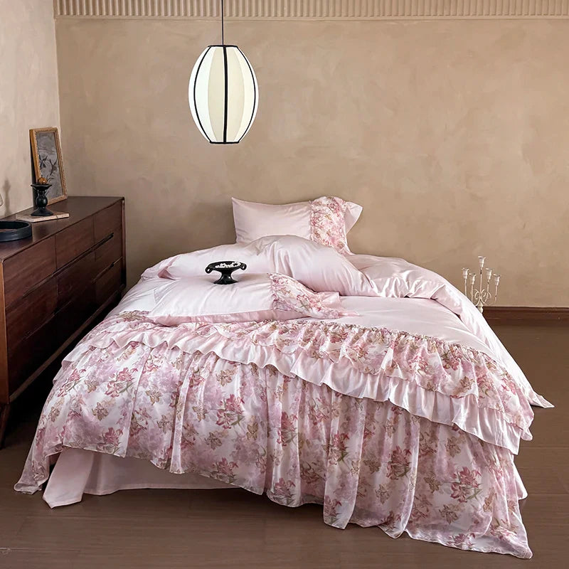 Afralia™ Luxe Lace Ruffles Wedding Bedding Set: Duvet Cover, Bed Sheet, 2 Pillowcases