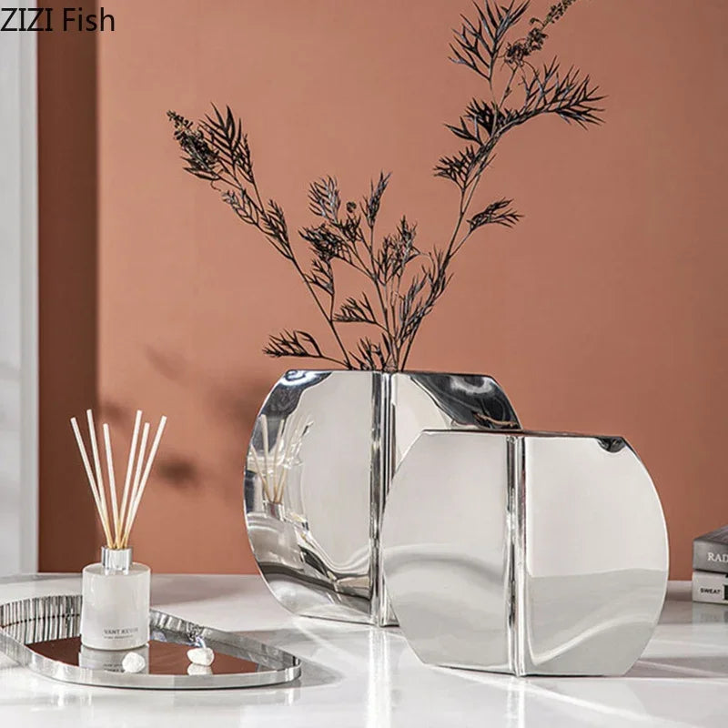 Afralia™ Silvery Geometry Vase for Desk and Floral Arrangement Decor