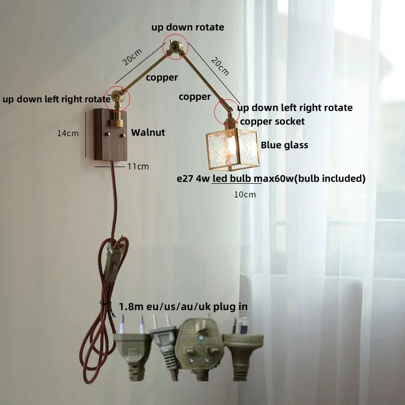 Afralia™ Ash Wood LED Swing Arm Wall Light with Pull Chain Switch & Blue Glass
