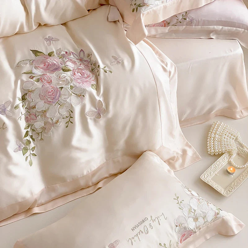 Afralia™ Butterfly Flowers Embroidery Bedding Set 800TC Soft Silky Duvet Cover Set