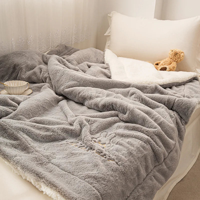 Afralia™ Tuscan Faux Rabbit Fur Embroidered Plush Throw Blanket cozy Winter Warmth