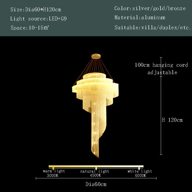 Afralia™ Spiral Staircase Chandelier Tassel Ceiling Light LED Lustres Silver Gold Decor