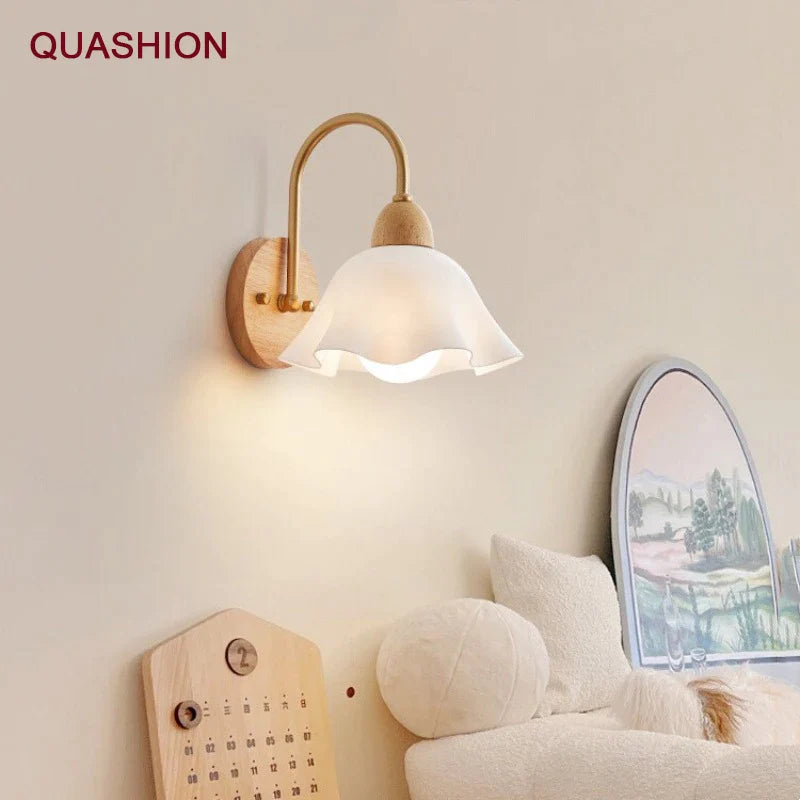 Afralia™ Cream LED Wooden Flower Wall Lamp, Modern Bedroom Bedside Reading Light