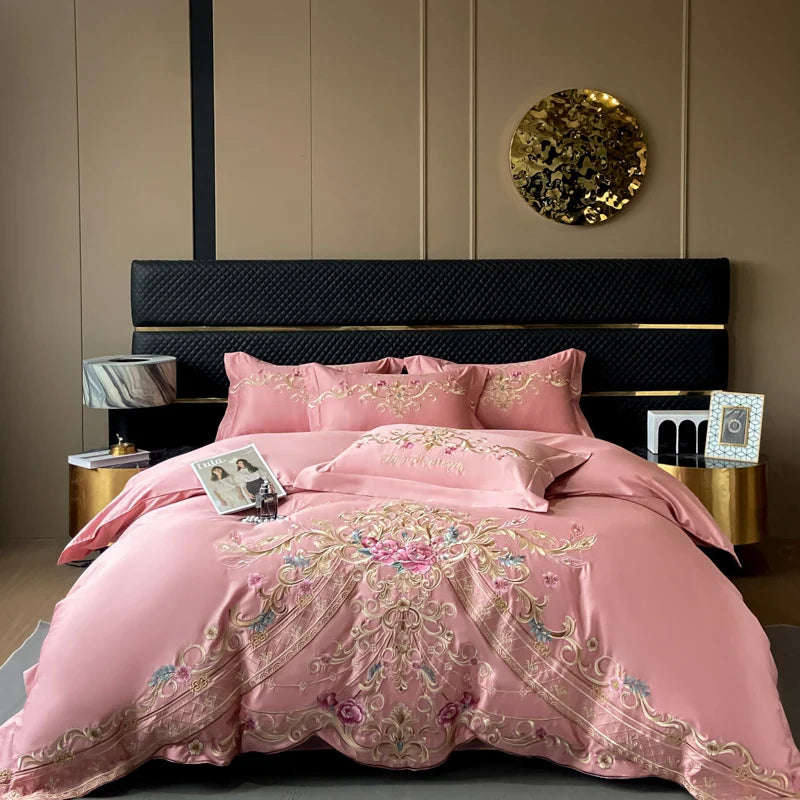 Afralia™ Exquisite Flowers Embroidery Bedding Set: Queen King Duvet Cover, Sheet, Pillowcases