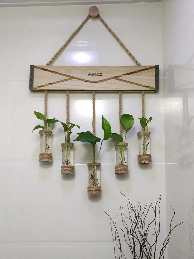 Afralia™ Glass Planter Vase with Wooden Stand for Wall Hanging Display