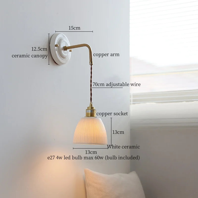 Afralia™ Pleats Ceramic LED Sconce Lamp with Adjustable Copper Arm for Bedroom Bathroom Mirror