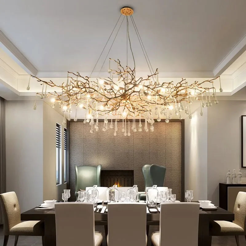 Afralia™ LED Branch Crystal Chandelier Copper Suspension Lights Luxe Ceiling Pendant