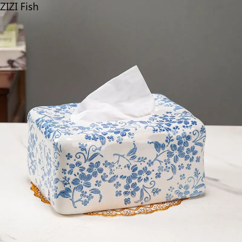 Blue and White Porcelain Tissue Box by Afralia™: Ceramic Desk Decor & Paper Towel Case