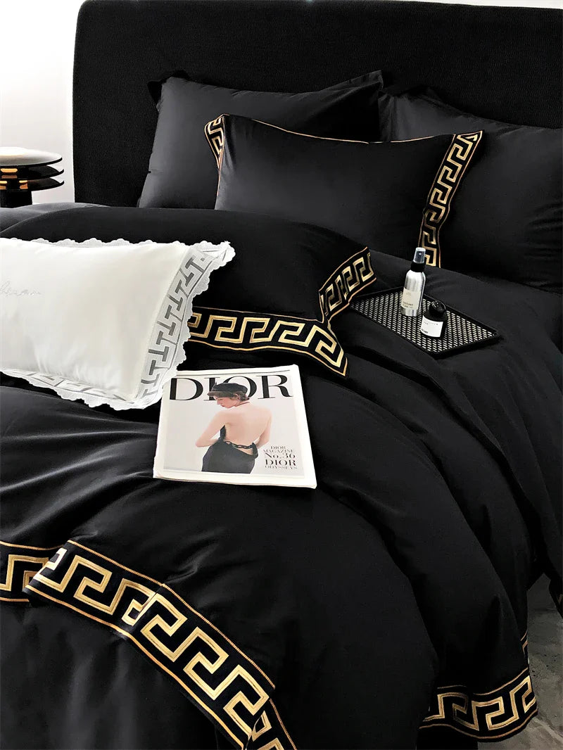 Afralia™ Gold Embroidery Duvet Set, Black Egyptian Cotton Bedding, 1000TC, Double King Queen