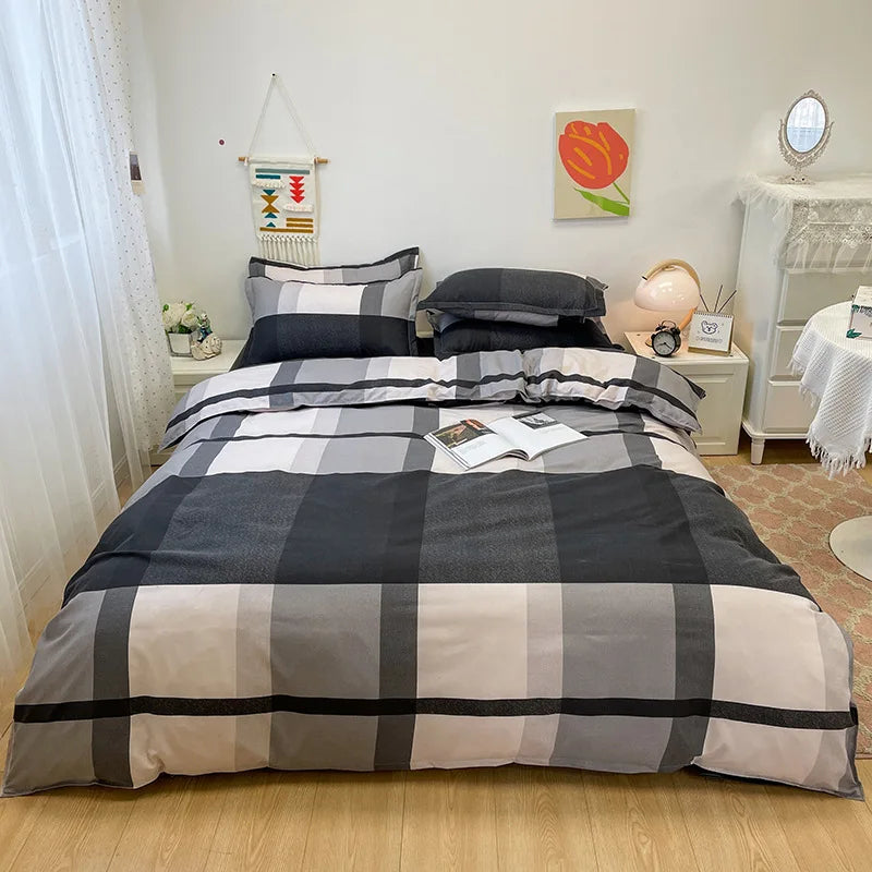 Afralia™ Line Block Print Bedding Set, Duvet Cover with Sheet Pillowcases, Single Double Bed