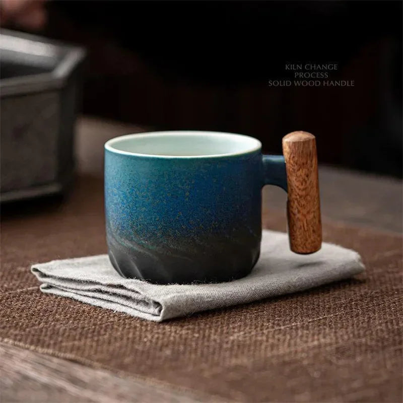 Afralia™ Retro Ceramic Coffee Cup Tea Mug with Gradient Glaze & Wooden Handle