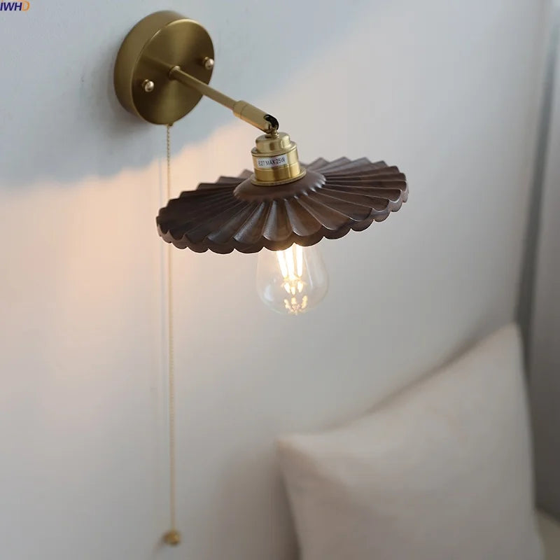 Afralia™ Nordic LED Wall Light Sconce Walnut Wood Copper Pull Chain Switch