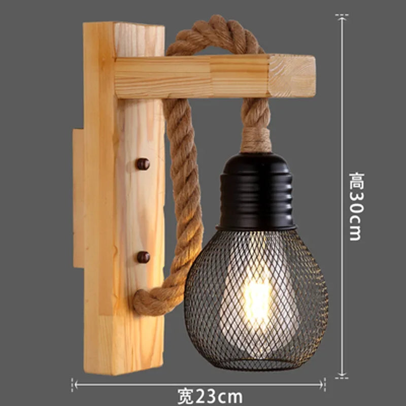 Afralia™ Hemp Rope Wall Lamp Wood Sconce E27 Industrial Indoor Outdoor Light