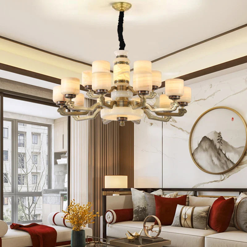 Afralia™ New Chinese Style Chandelier Living Room Light Restaurant Modern Jade Villa Large Pendant Light