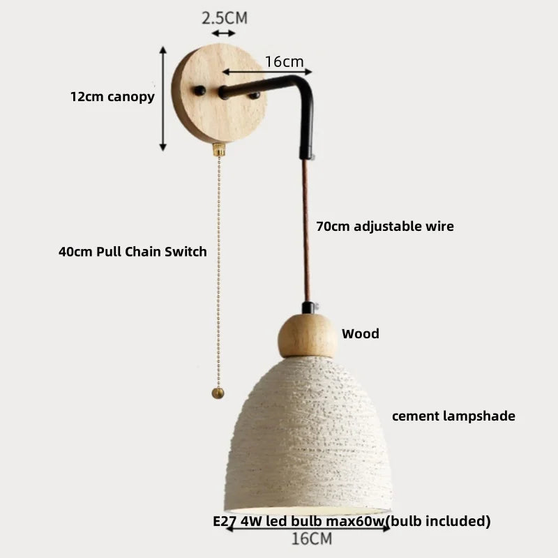 Afralia™ Adjustable Wall Lights Pull Chain Switch Wood Socket Cement Modern Bedside Lamp