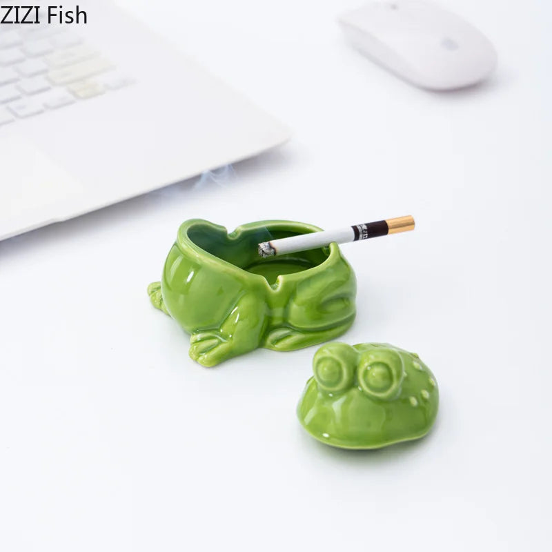 Afralia™ Ceramic Green Frog Ashtray: Cute Desktop Smoking Accessories for Weed Ash, Gift_PAUSE_