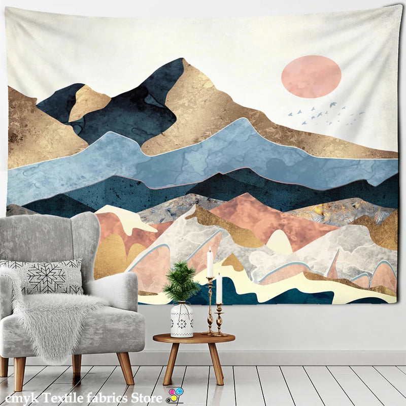 Abstract Mountains Oil Painting Tapestry Wall Hanging for Boho Witchcraft Aesthetics Room Decor by Afralia™