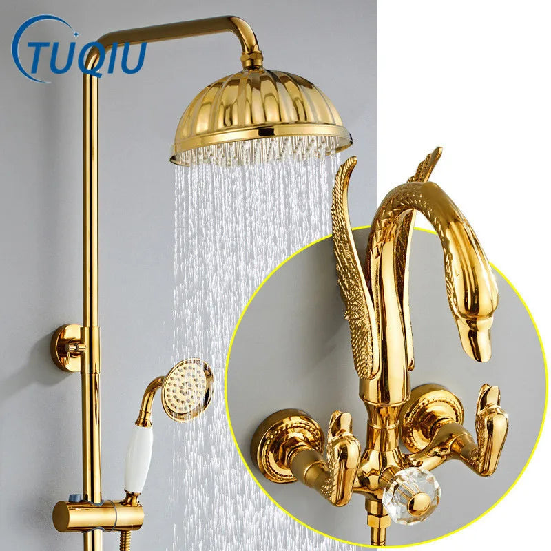 Afralia™ Swan Gold Bathroom Shower Faucet Set with Rainfall Mixer Tap