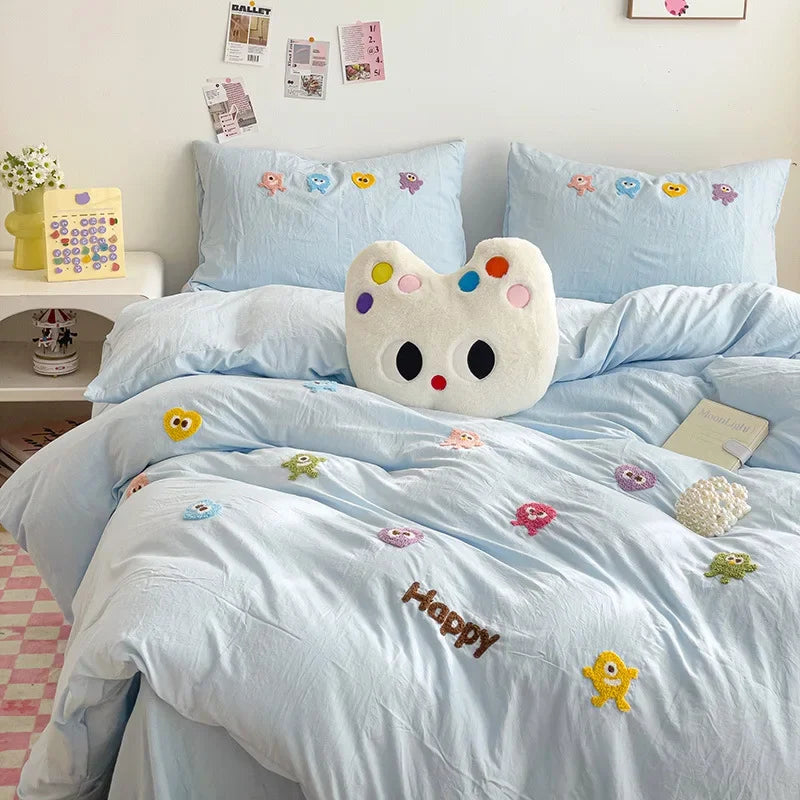 Afralia™ Cartoon Towel Embroidery Bedding Set in Soft Washed Cotton for Kids