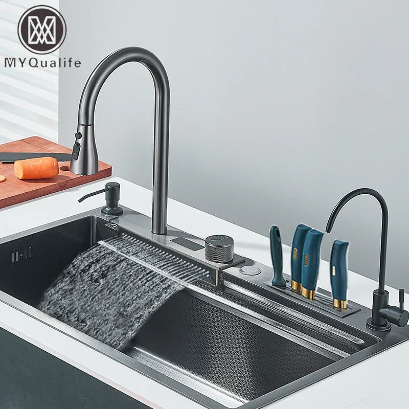 Afralia™ Stainless Steel Kitchen Sink Faucet Set with Digital Display - Complete Solution