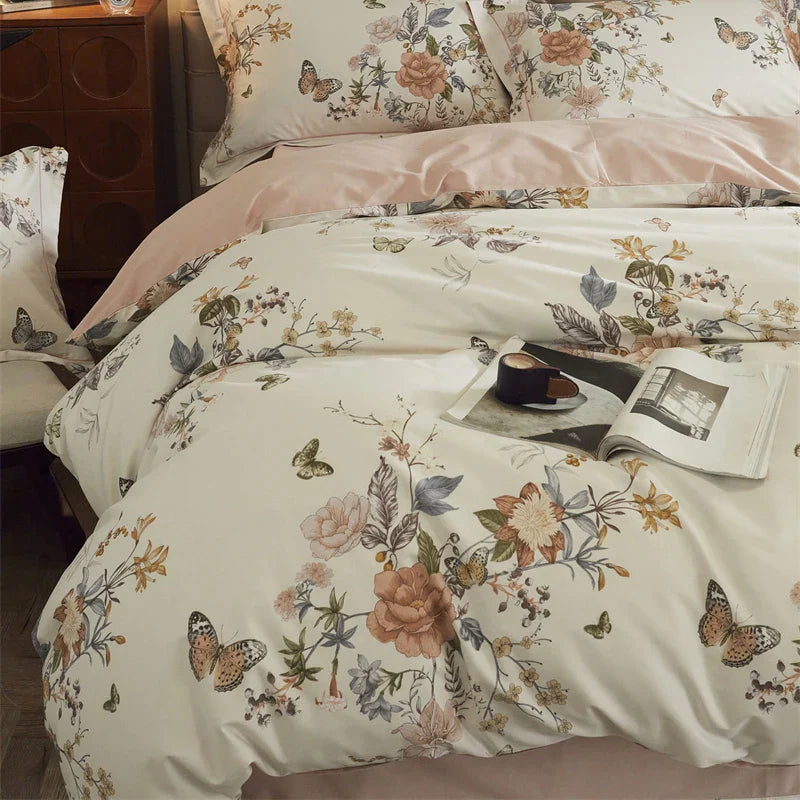 Afralia™ Butterfly Blooming Flowers Print 100% Egyptian Cotton Bedding Set