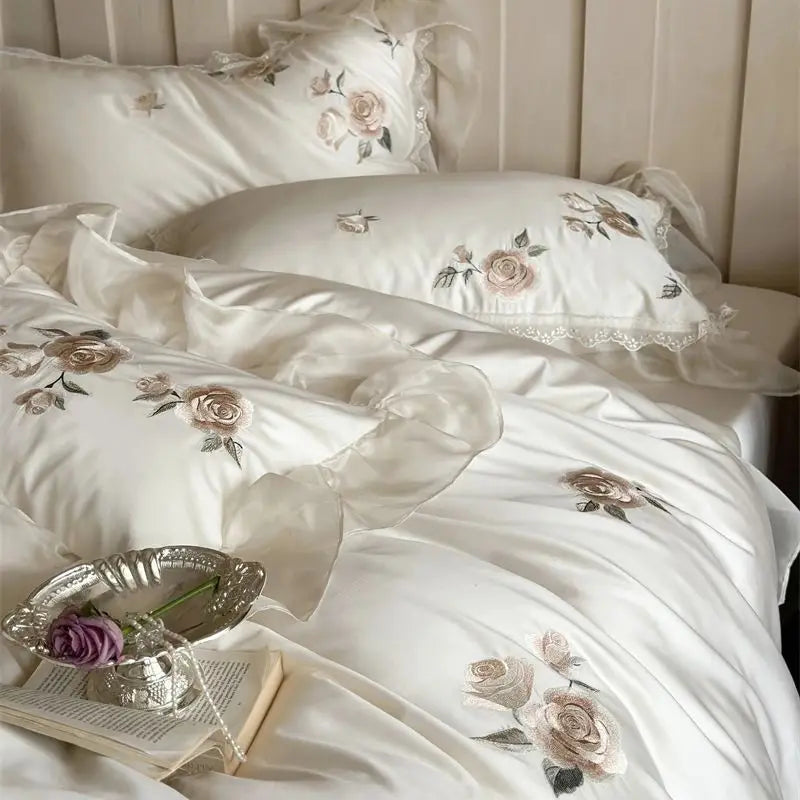 Afralia™ Rose Flowers Embroidery Lace Ruffles Wedding Bedding Set, 1000TC Egyptian Cotton