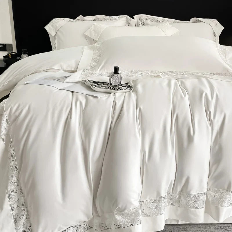 Afralia™ Lace Embroidery 1200TC Egyptian Cotton 4Pcs Bedding Set with Wide Hollow Design