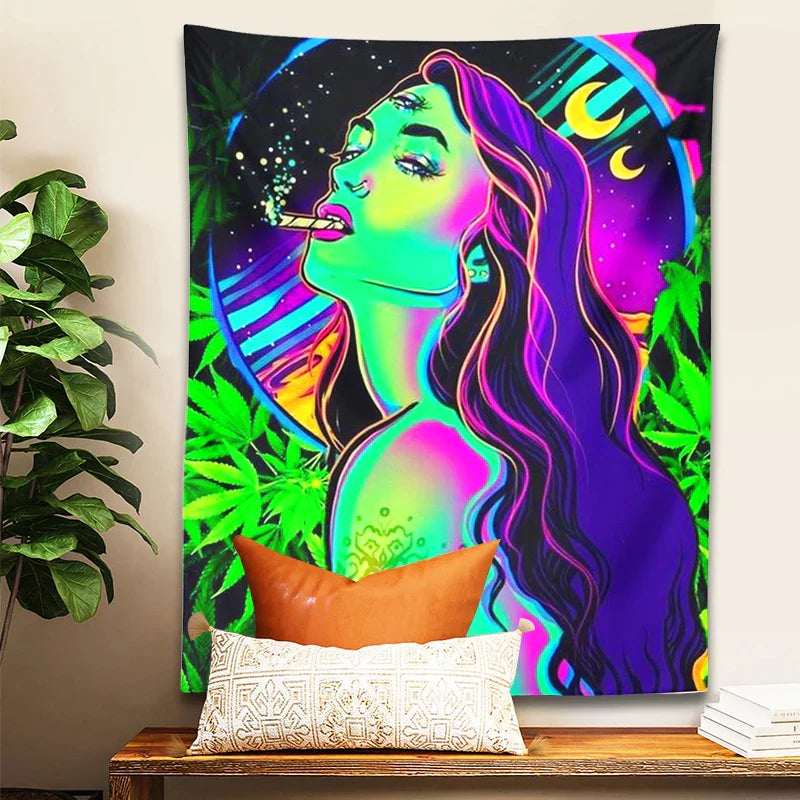 Afralia™ Moon Girl Smoke Tapestry: Psychedelic Hippie Trippy Leaves Aesthetics & Home Decor