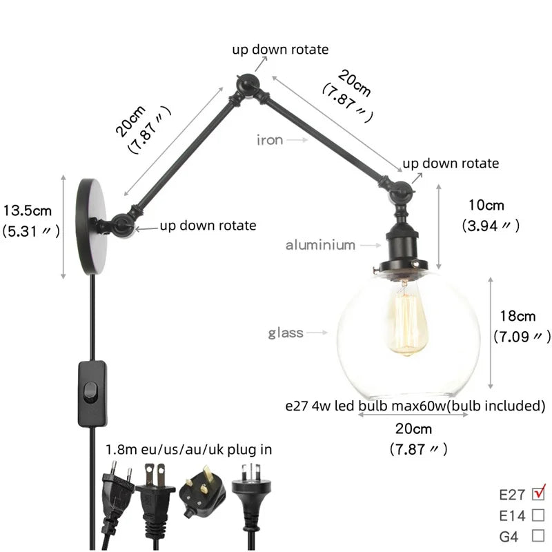 Afralia™ Black Vintage Wall Lamp White Glass Industrial Swing Arm Adjustable Bedside