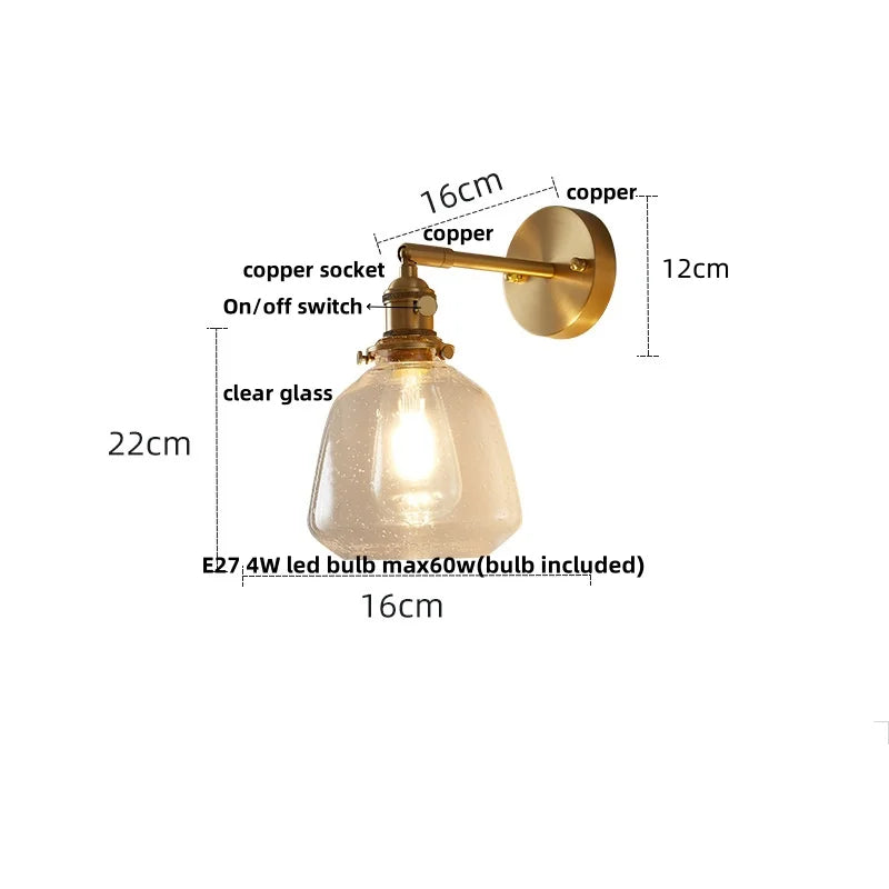Afralia™ Copper Pull Chain LED Wall Light with Clear Glass Rotate Bedside Lamp