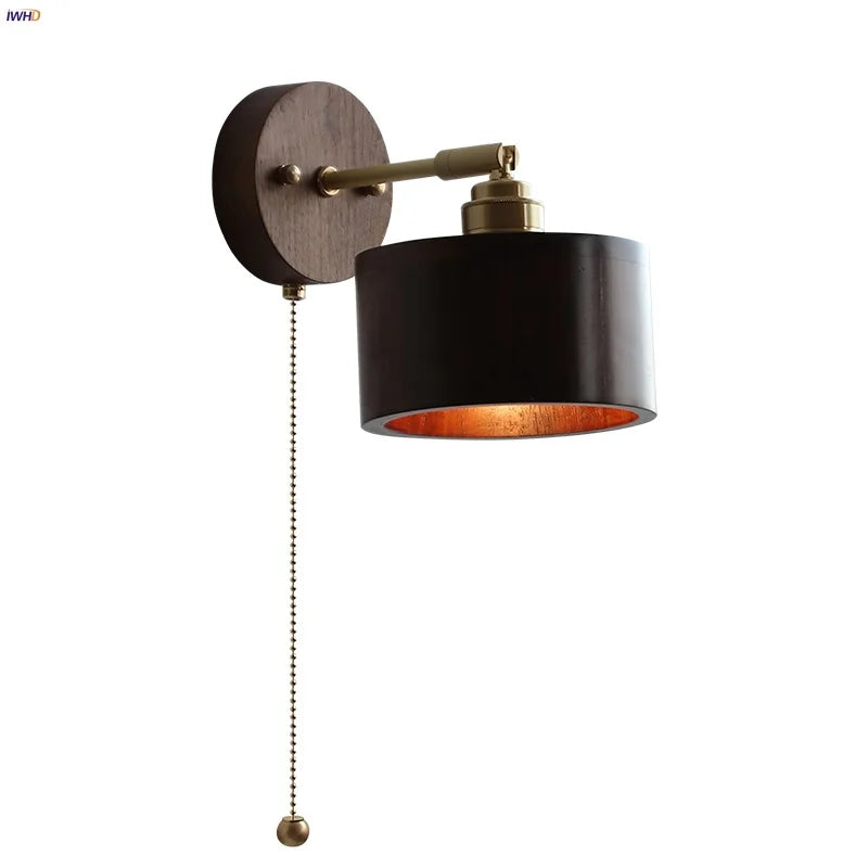 Afralia™ Walnut Wood LED Wall Sconce with Pull Chain Switch - Modern Nordic Copper Socket