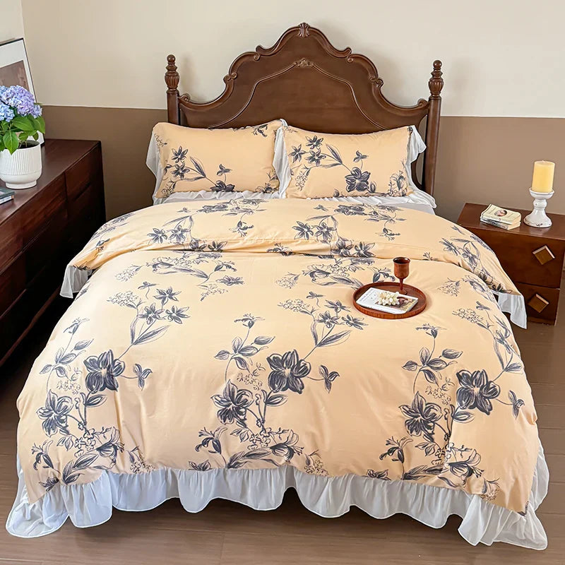 Afralia™ French Flowers Lace Ruffles Princess Bedding Set with Bed Sheet Pillowcases