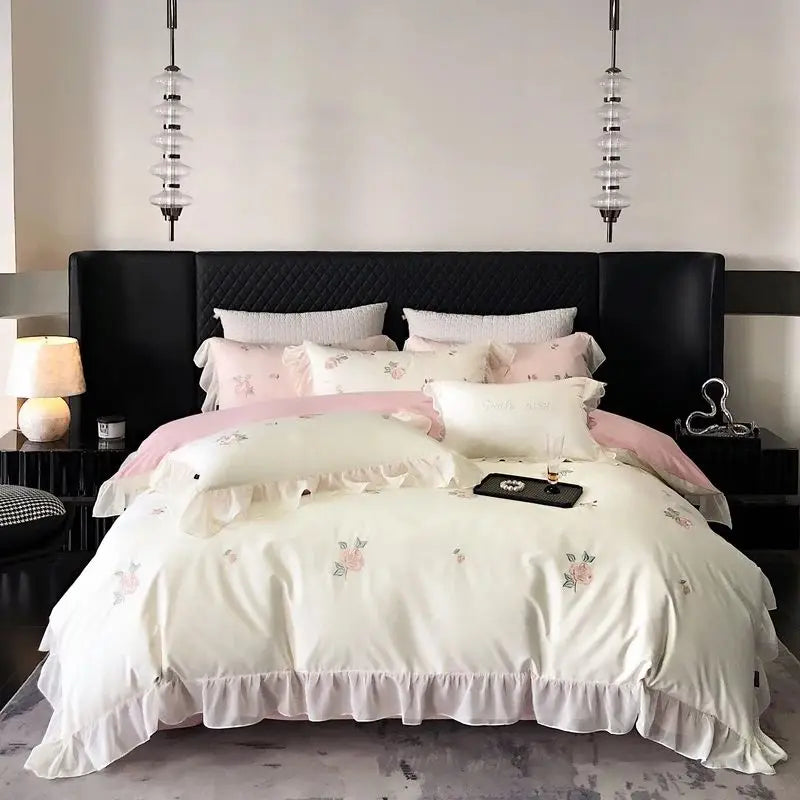 Afralia™ Rose Flowers Cotton Lace Ruffles Wedding Bedding Set
