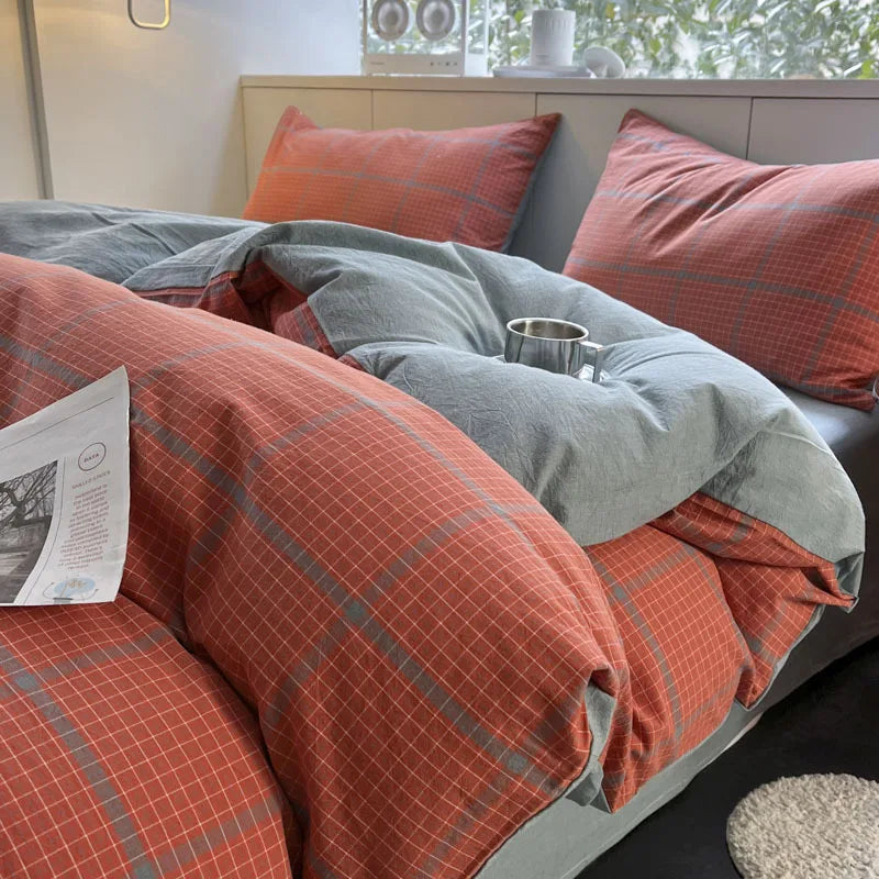 Nordic Grid Print Bedding Set in Wash Cotton Linen for Single Double Bed by Afralia™