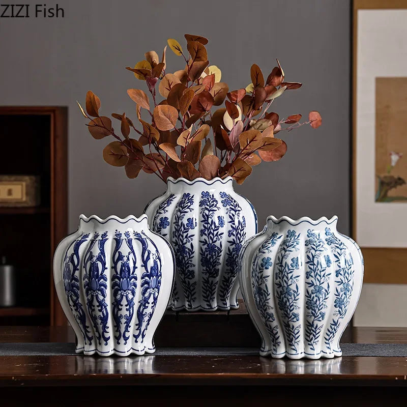 Afralia™ Blue & White Porcelain Vase Desk Decor with Artificial Flowers