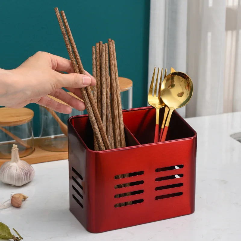 Afralia™ Stainless Steel Chopsticks & Utensil Holder - 2 Grids Skeleton Draining Rack