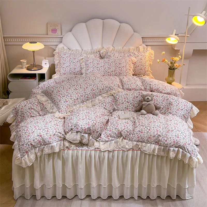 Afralia™ Princess Lace Ruffles Floral Bedding Set with Duvet Cover and Bed Skirt